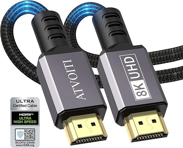 Atvoiti 8K HDMI 2.1 Cable 2M, Certified 48Gbps Ultra High Speed Braided HDMI Cable Support 10K 8K@60Hz 4K@120Hz eARC HDCP 2.2&2.3 Dynamic HDR Dolby Atmos Compatible with PS5 HDTV Monitor and More