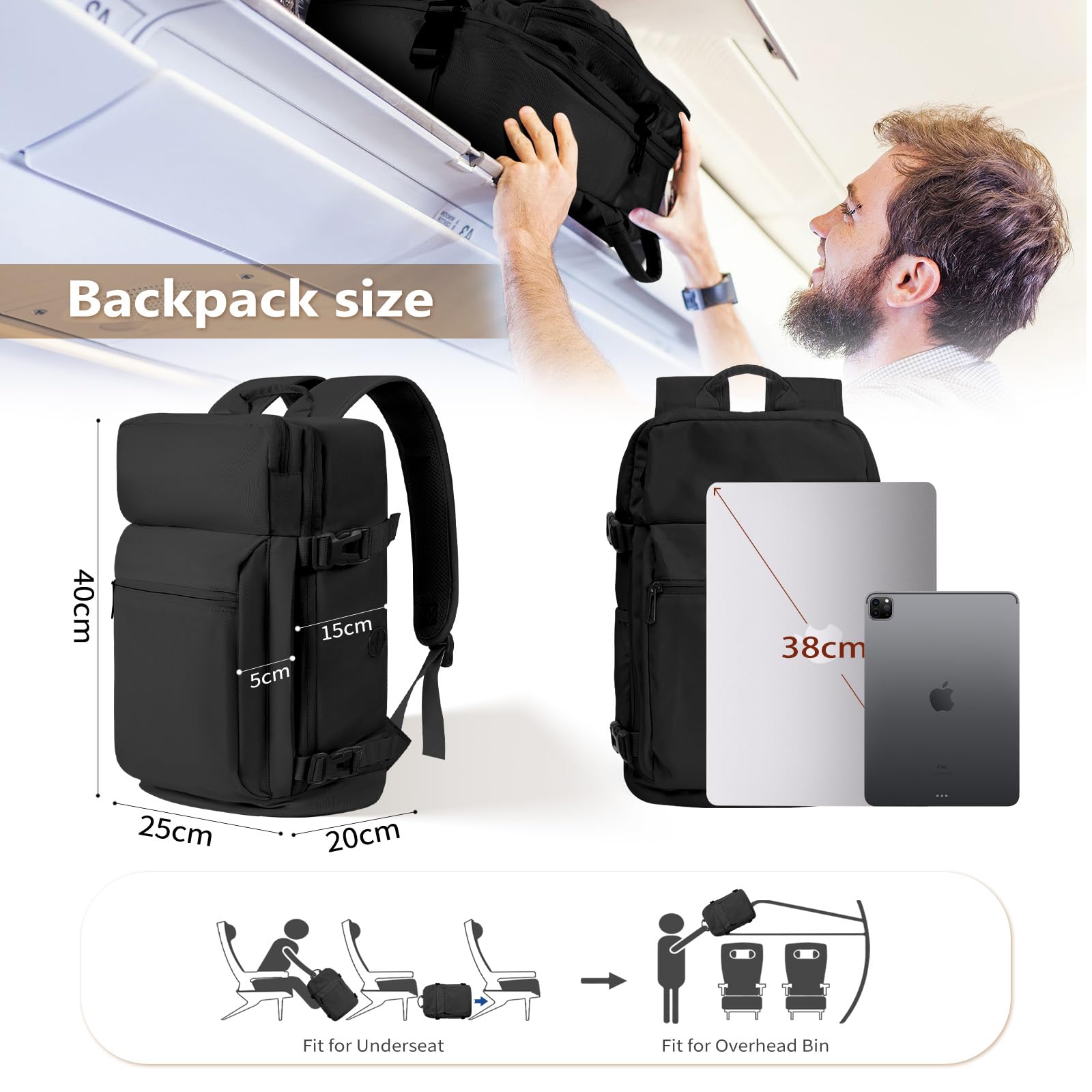 Gluckstar Zaino per Ryanair 40x20x25 Zaino da Viaggio Bagaglio a Mano, 20L Borsa da Valigia Zaino da Viaggio Aereo Cabina, Zaino Porta Pc Zainetto Donna Uomo Backpack per Vueling/Wizzair Piccolo Nero
