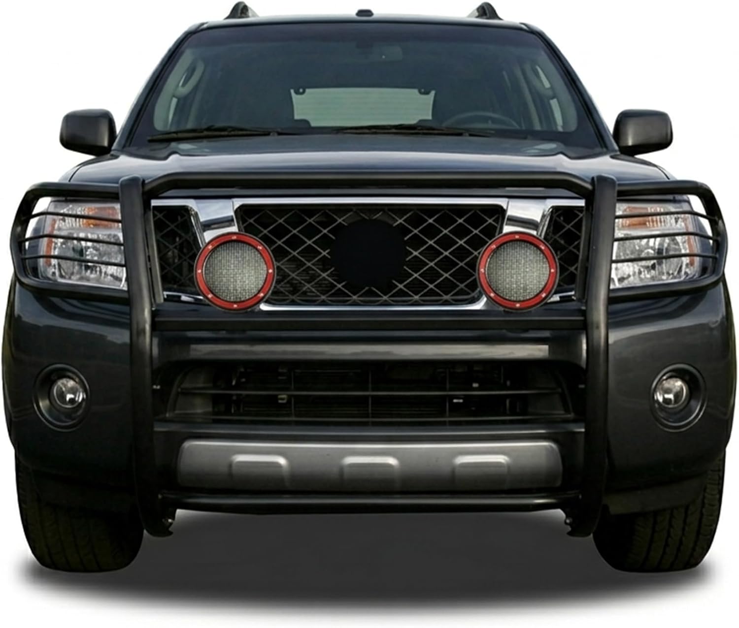 Black Horse Grille Brush Bumper Guard Modular Black Come with Pair of 5.3" Dia.LED Lights with Red Trim Rings Compatible with 2005-2021 Nissan Frontier|2005-2007 Nissan Pathfinder-17A110200MA-PLFR