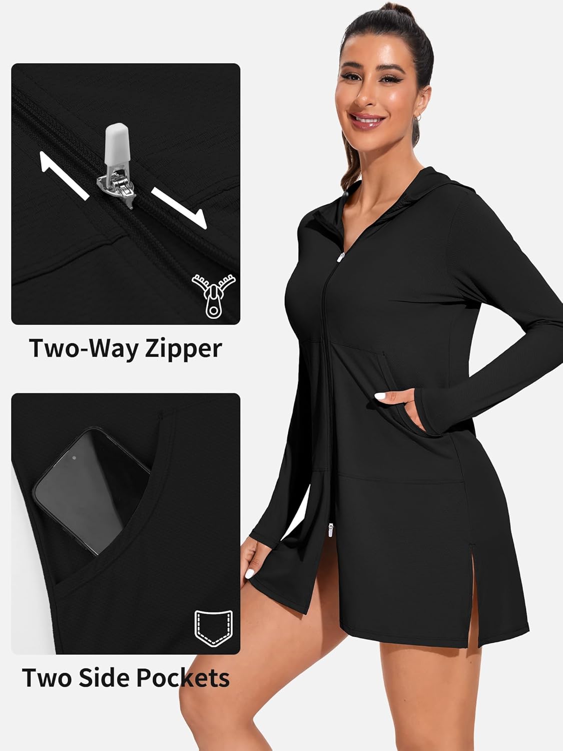 ATTRACO Womens Rash Guard Shirts Hooded Swim Shirts with Pockets Zipper Swimsuit Cover Up - Image 5