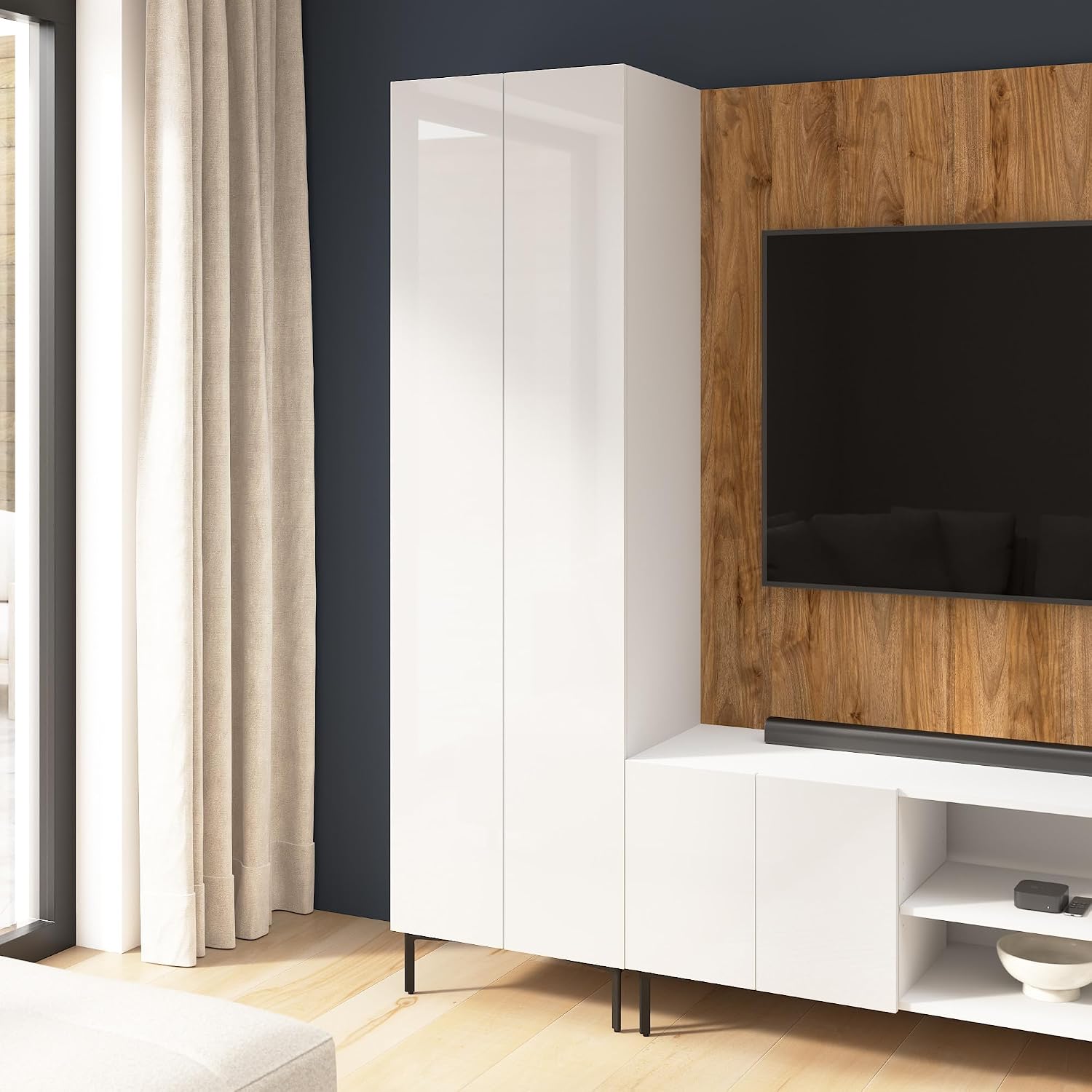 Bestar 24-inch Modular Tall Storage Cabinet with Doors and Metal Legs, Living Room Furniture, Barletta Collection, High Gloss White