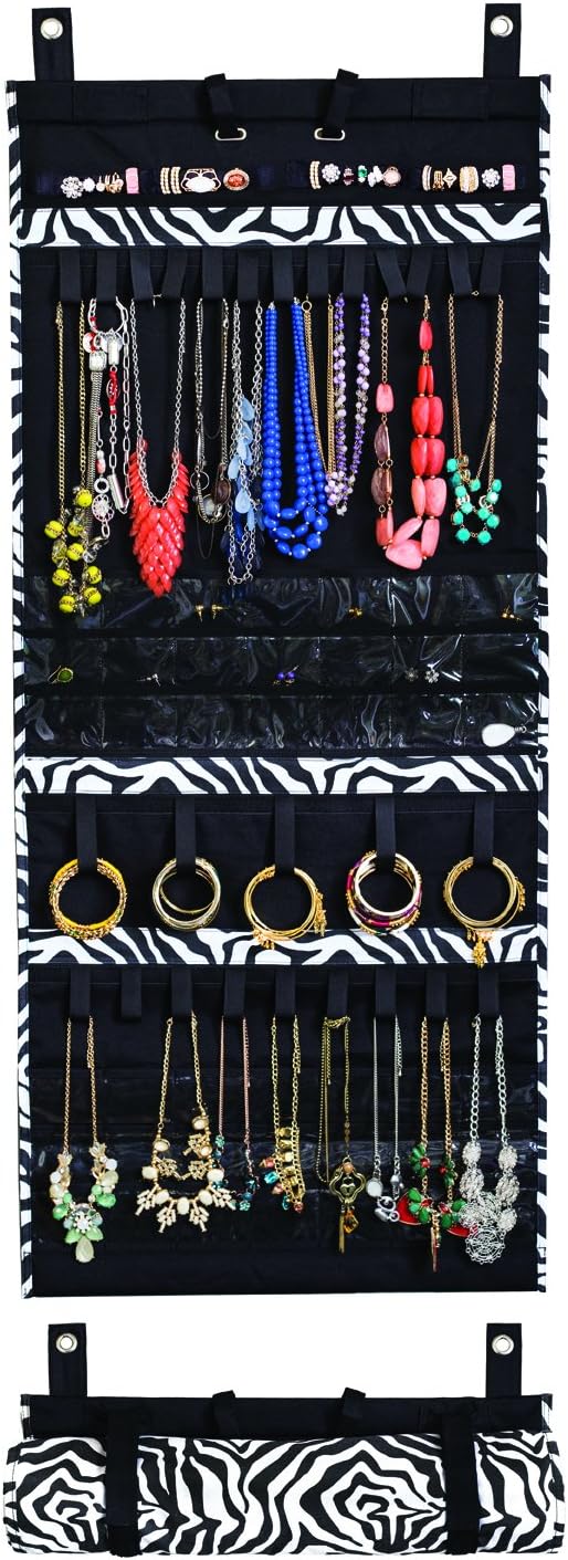 Donna Walsh, The Ultimate Jewelry Scroll - Hanging Storage Organizer - Rolls Up For Travel - 50" x 22" - Holds Over 150 Pieces (Zebra Print)