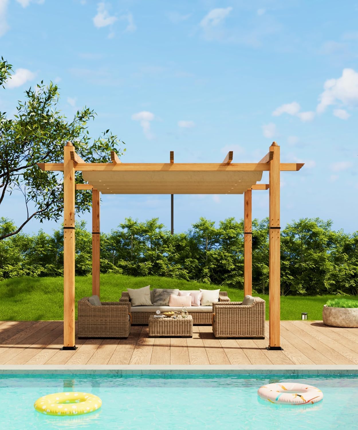 10 x 10 Ft Wood-Grain Aluminum Pergola with Retractable Adjustable Canopy - Reinforced Metal Outdoor Shelter for Backyard, Garden, Patio & Deck, Wood+Khaki