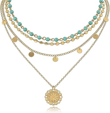 Boho Layered Necklaces for Women Turquoise Necklace Turquoise jewelry for Women Western Necklace Cactus Horseshoes Boots Hats Ox-Head Cow Sequin Coin Pendant Necklace Stack Bohemian Jewelry