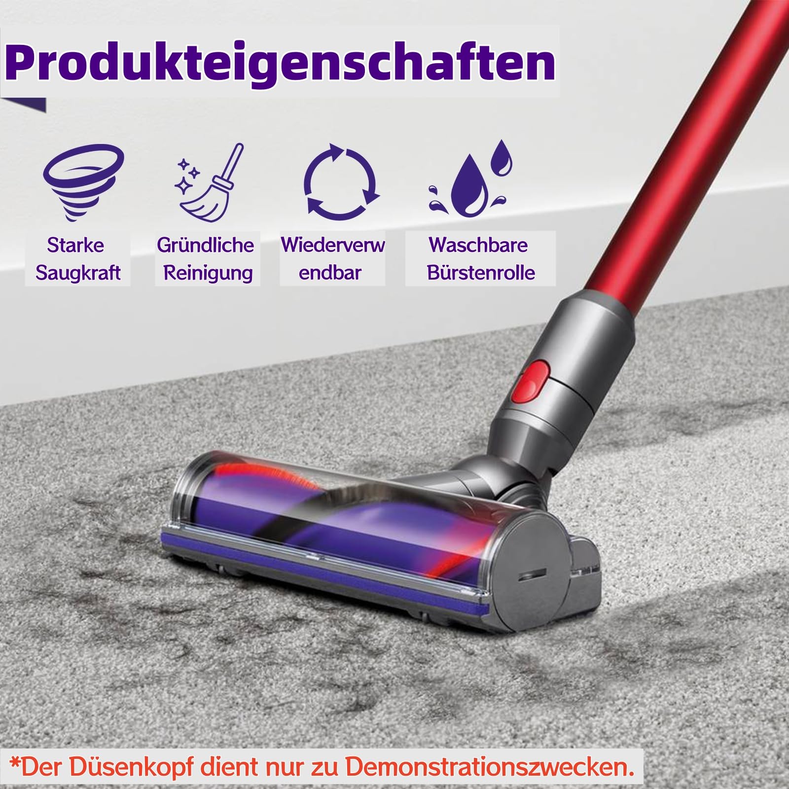 Turbobürste mit Direktantrieb für Dyson V7 V8 V10 V11 V15 Staubsauger, Elektrische Bodendüse Zubehör Ersatzteil, Motorhead Bürstenkopf für Teppich, Hartboden, Parkett & Tierhaare, 180° Drehbar