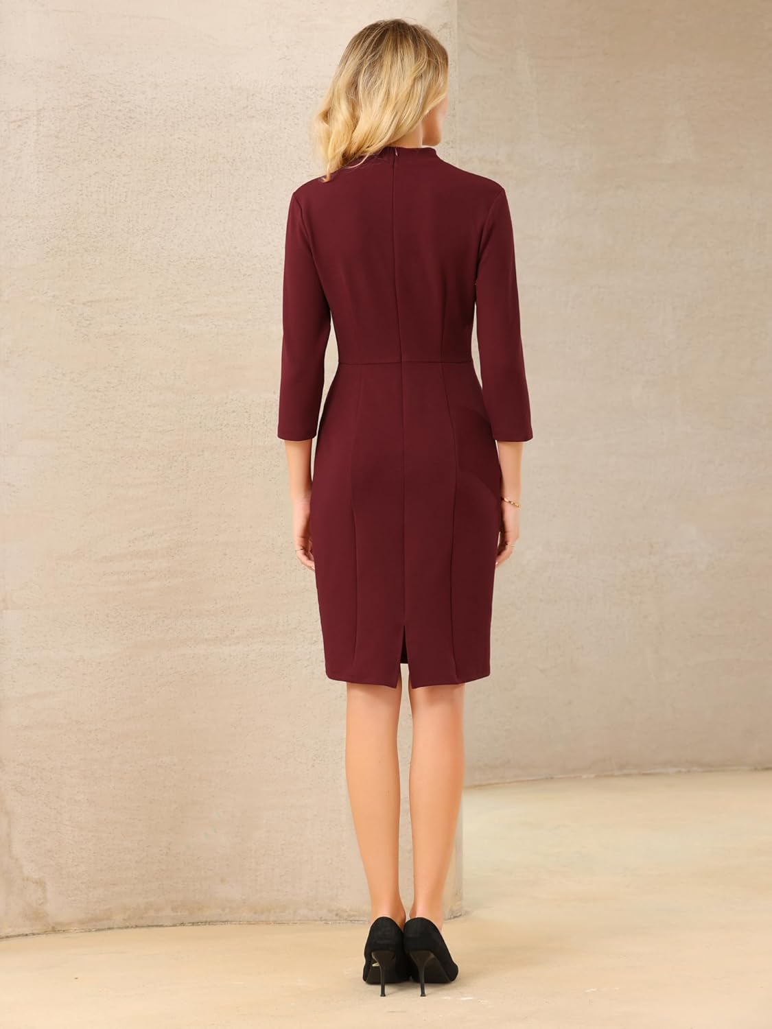 Women's 3/4 Sleeve Pencil Dress Twist Mock Neck Office Work Knee Length Dresses