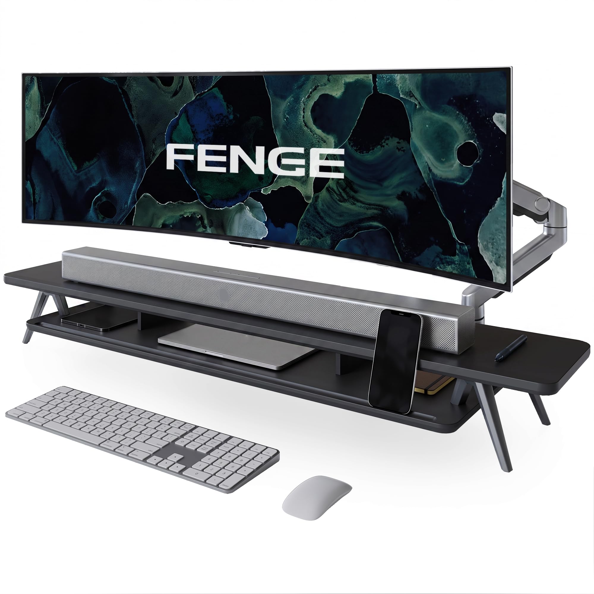 Fenge Dual Monitor Stand Riser, Wooden Desk Shelf with 2-Tier Storage