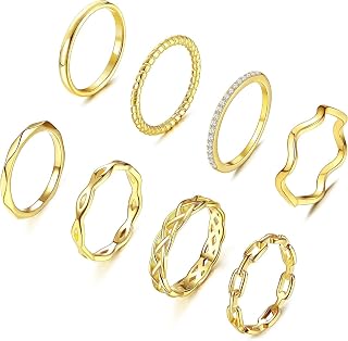 14K Gold Plated Rings Stacking Rings for Women Girls Stackable Thin Gold Ring Set Dainty Simple Plain Midi Thumb Knuckle Statement Band Ring Comfort Fit Size 5-10 8PCS
