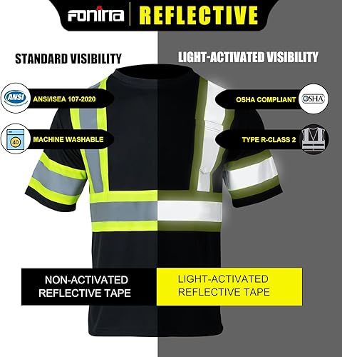 Miniatura 6 de FONIRRA Hi Vis - Camiseta de seguridad para hombre, ANSI Clase 2, camisa de trabajo reflectante de alta visibilidad con manga corta y parte inferior