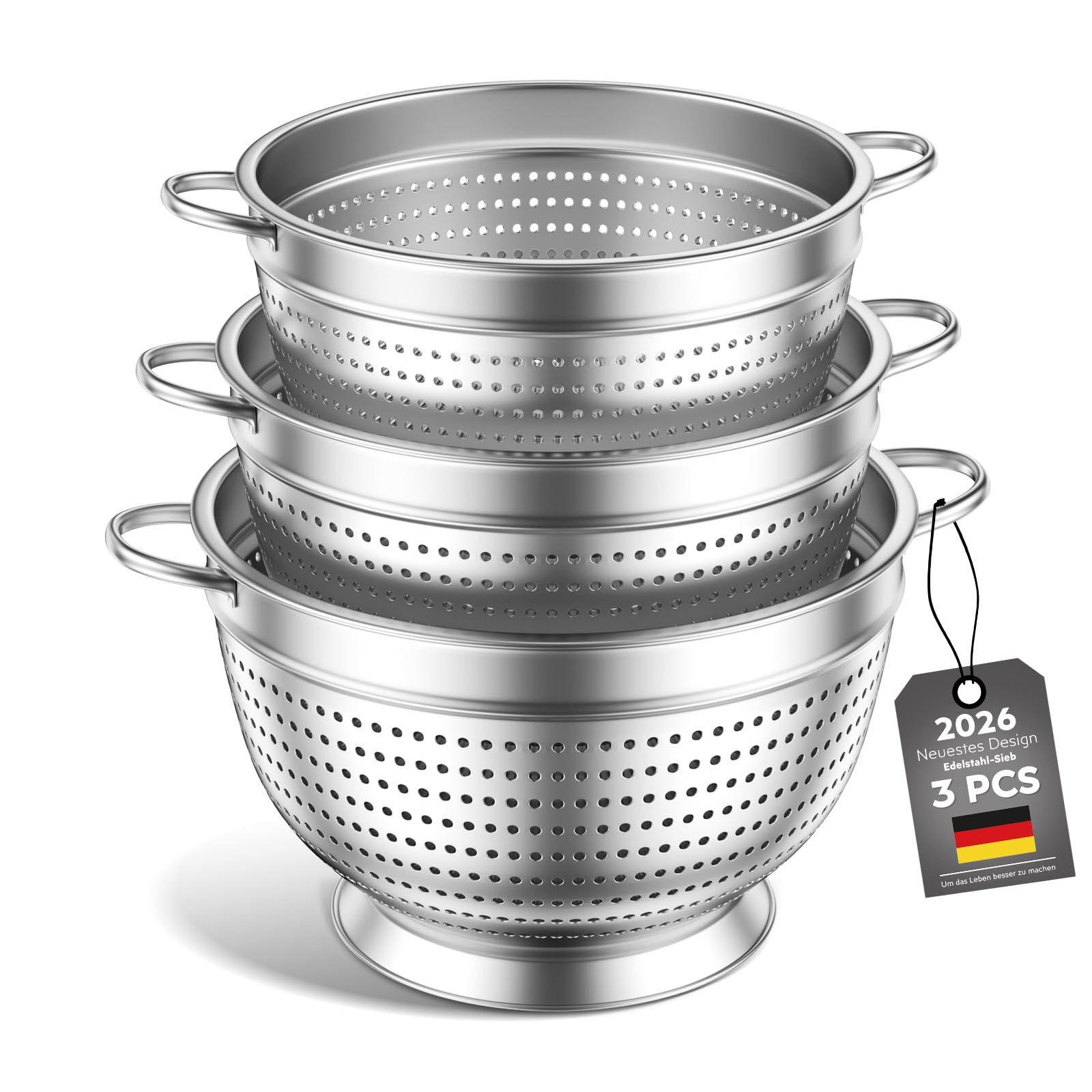 Juego de 3 coladores coladores de acero inoxidable, colador de cocina, colador de pasta de 20/24/26 cm, colador de cocina de metal con asa, colador de malla fina para lavar pasta, verduras, frutas y