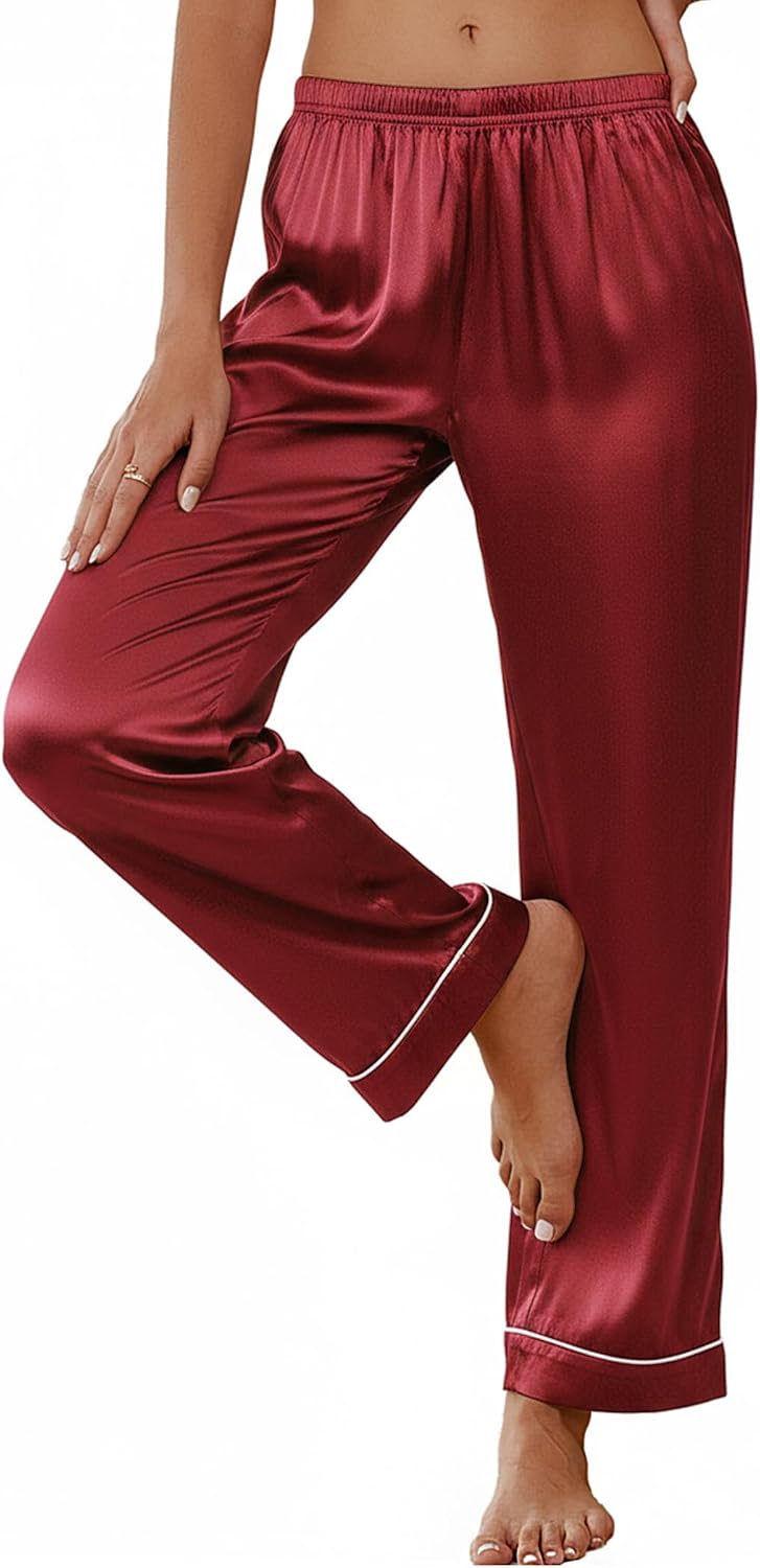 Ekouaer Womens Silk Satin Pajama Pants Soft Loose Lounge Pants Lightweight Elastic Waist Wide Leg Pj Bottoms with Pockets