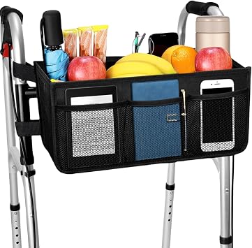 Walker Basket with Cup Holder,Foldable Walker Bag,Large Capacity Storage,Never Tipping Over,Waterproof Storage Basket for Elderly Black