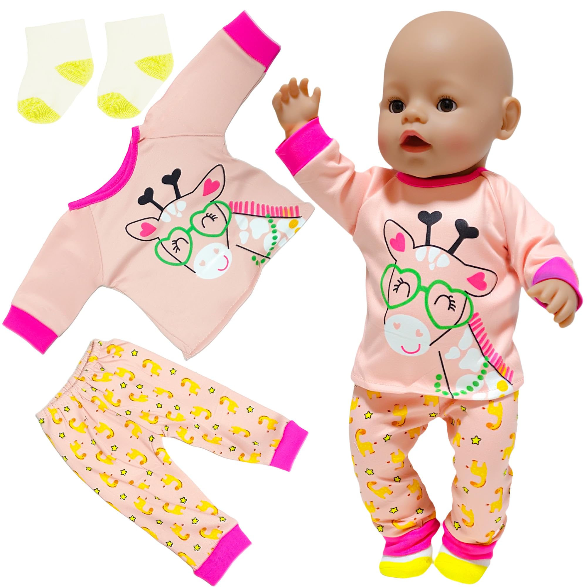 18 Inch Baby Doll Clothes Set, Baby Doll Accessories for 35-45cm Dolls Cartoon Giraffe Print Pajama & Animal Star Pants with Socks, Pink 43cm Sweet Doll Outfits Birthday Gift for Girls