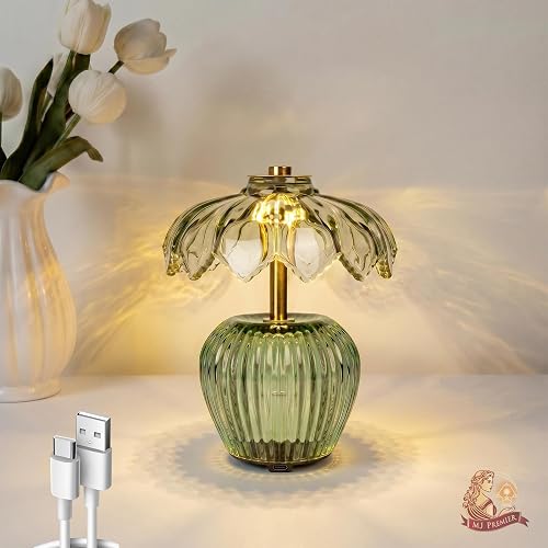 MJ PREMIER Rechargeable Table Lamp, Cordless Lamp with Timer, Crystal Glass Flower Lampshade, Small Table Lamps, Decorative Led Light for Bedroom Living Room Shelf (Green)
