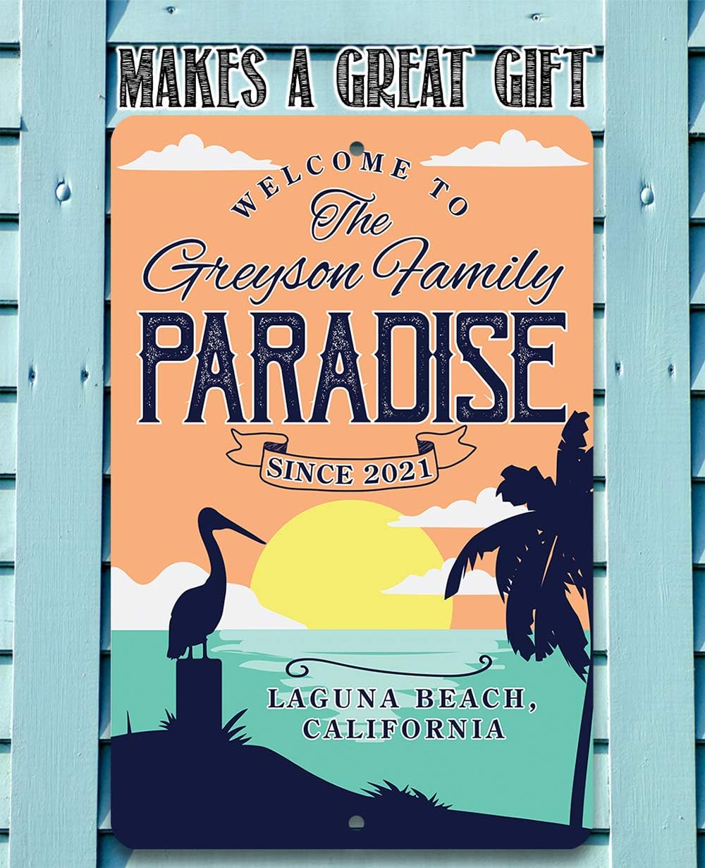 Personalized - Welcome To Paradise - Lake House and Beach House Welcome Sign, Custom Sun Palm Tree Birds Art Print, Beach Theme Display and Gift, 8x12 or 12x18 Indoor or Outdoor Durable Metal Sign