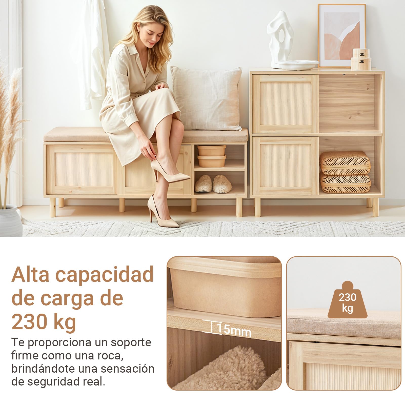 SoBuy Banco Zapatero con Puertas ratán 121x35x49cm para recibidor