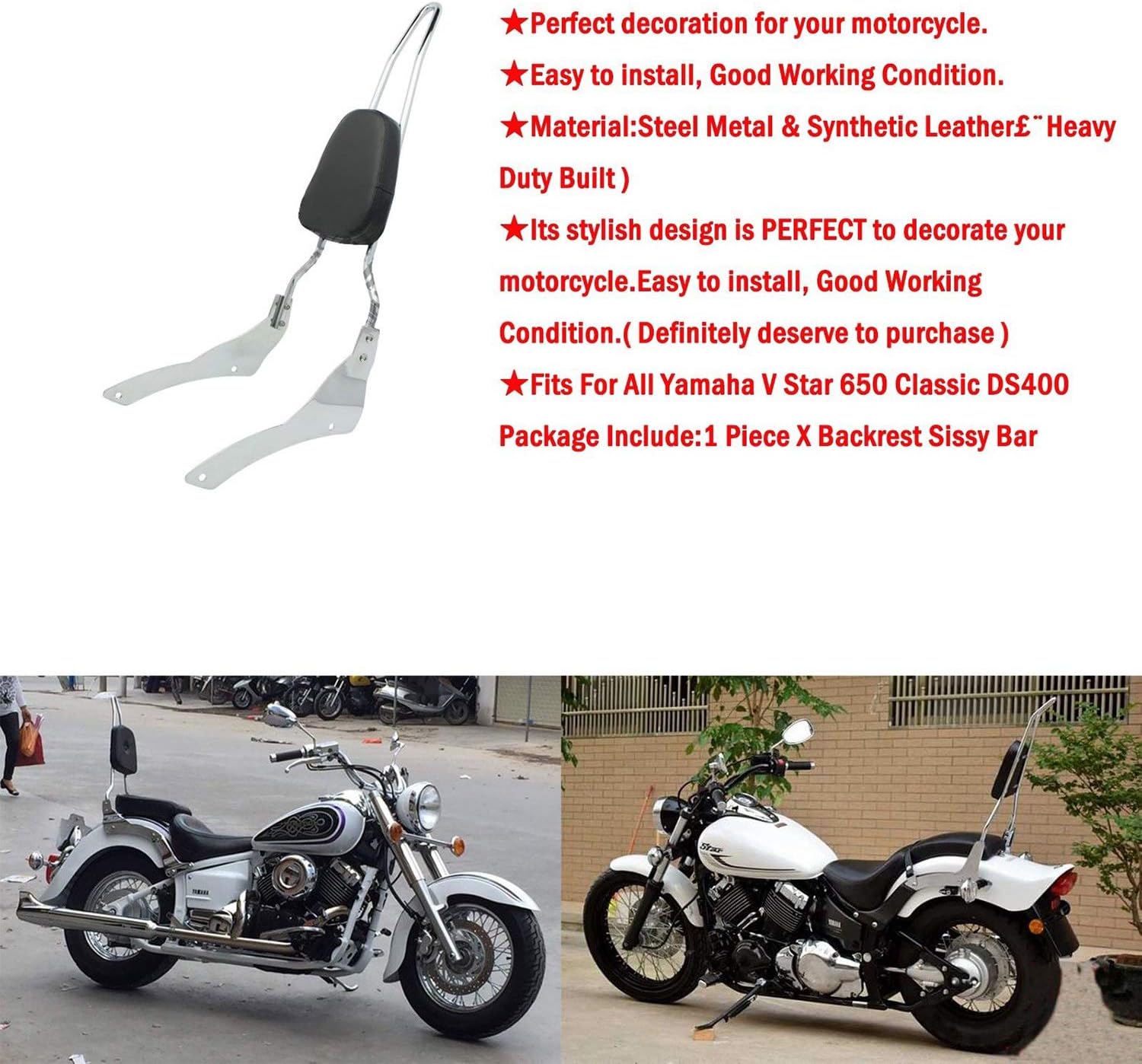 Passenger Backrest Sissy Bar Pad Compatible with/Replacement for Yamaha V Star DS 400 650 XVS650A Classic drag star