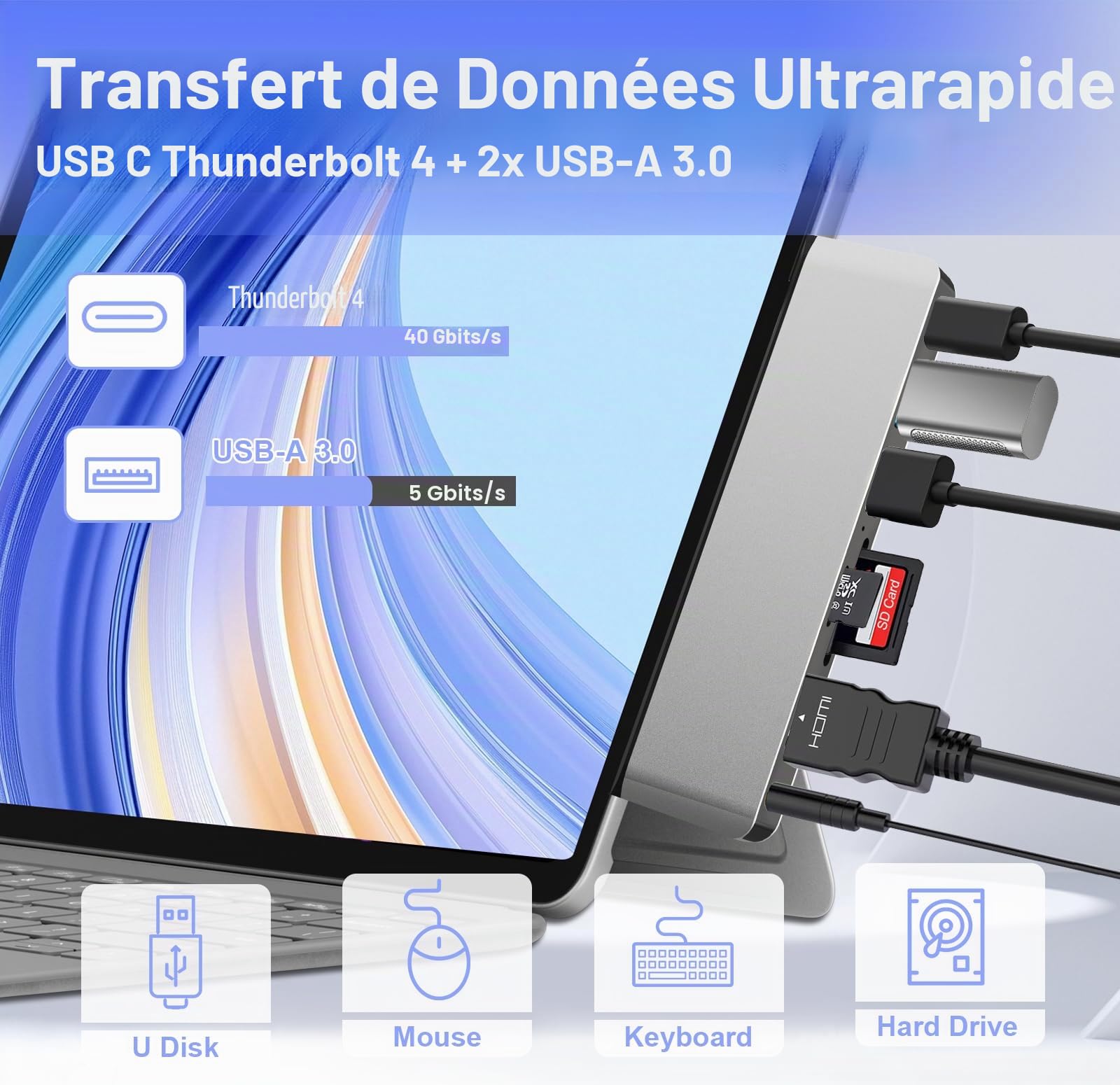 Station d'accueil pour Surface Pro 12 accessoires, concentrateur USB et adaptateur avec HDMI 4K, USB-C Thunderbolt 4 (affichage+données + PD 100 W), 2 USB 3.0, audio 3,5 mm, fente pour carte SD/TF