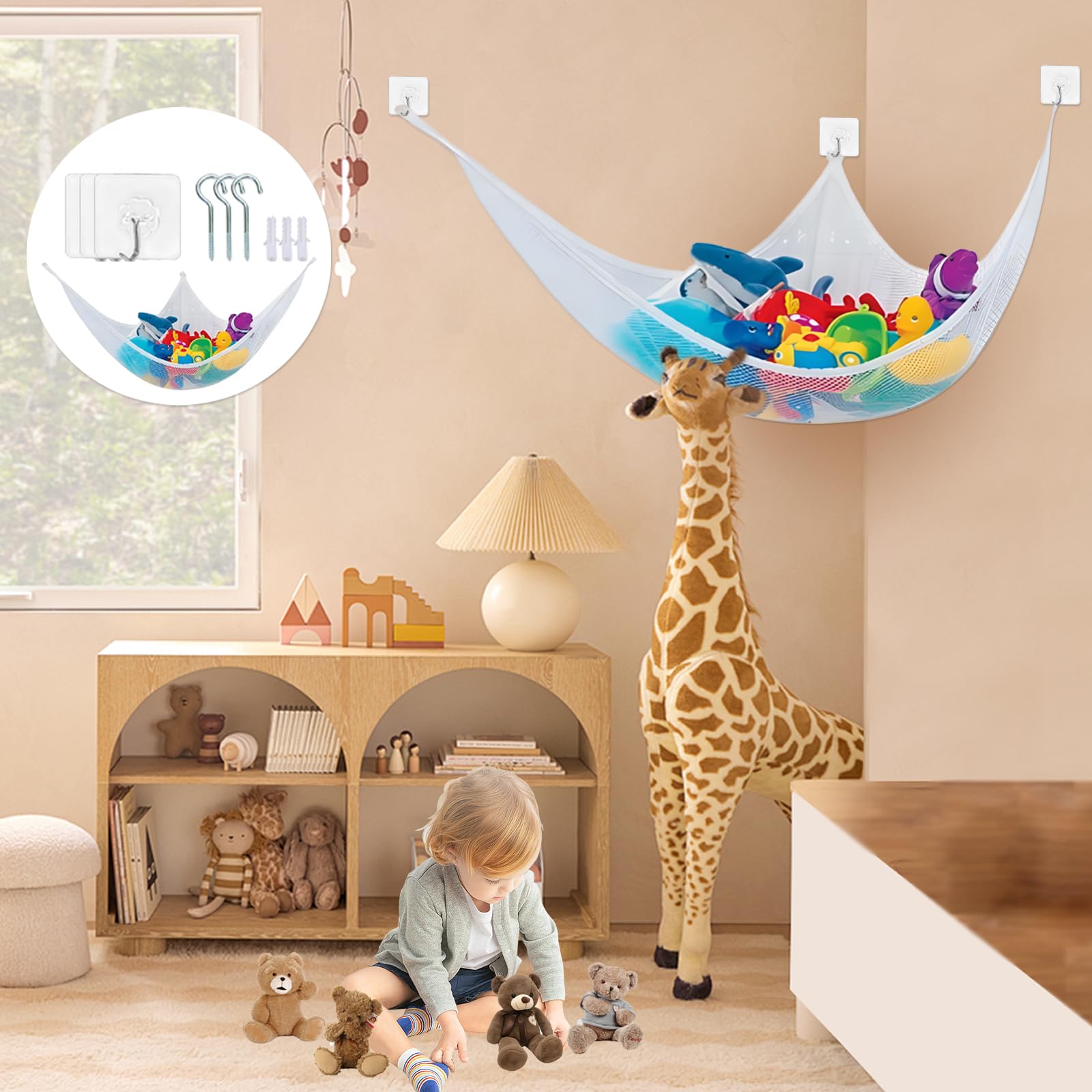 Filet Hamac Rangement Peluches 180×120×120 Cm – Sac Suspension Murale Angle Chambre Enfant, Maille Blanche