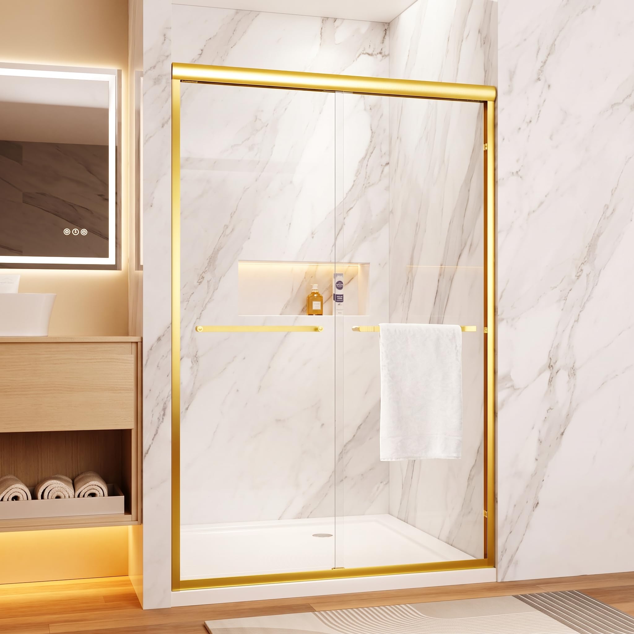 44-48" w x 72" h double sliding shower door, framed shower doors with 1/4" (6mm) clear sgcc tempered glass in brushed gold hardware, bypass sliding shower door with explosion-proof film, easy to clean