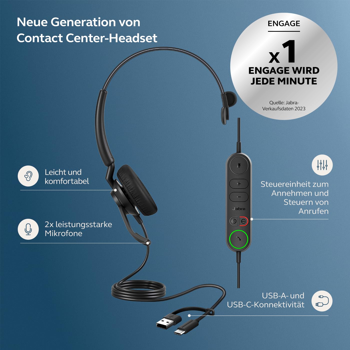 Jabra Engage 40 Telefon On Ear Headset kabelgebunden Mono Schwarz Mikrofon-Rauschunterdrückung, Noise Cancelling Headse
