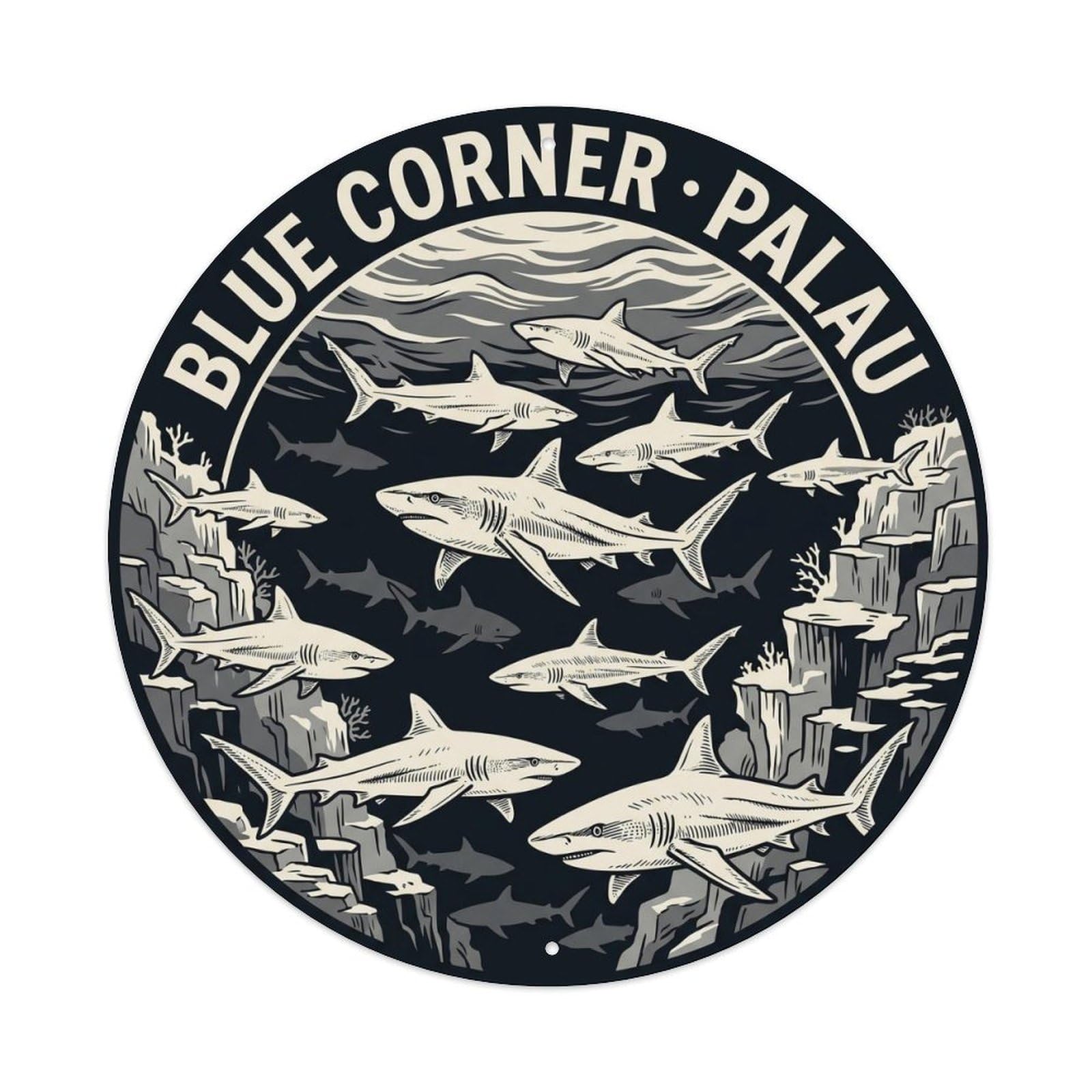 Olyhtr 8X8inch Classic Style Shark Palau Blue Corner Ivory Black Woodblock Metal Tin Sign