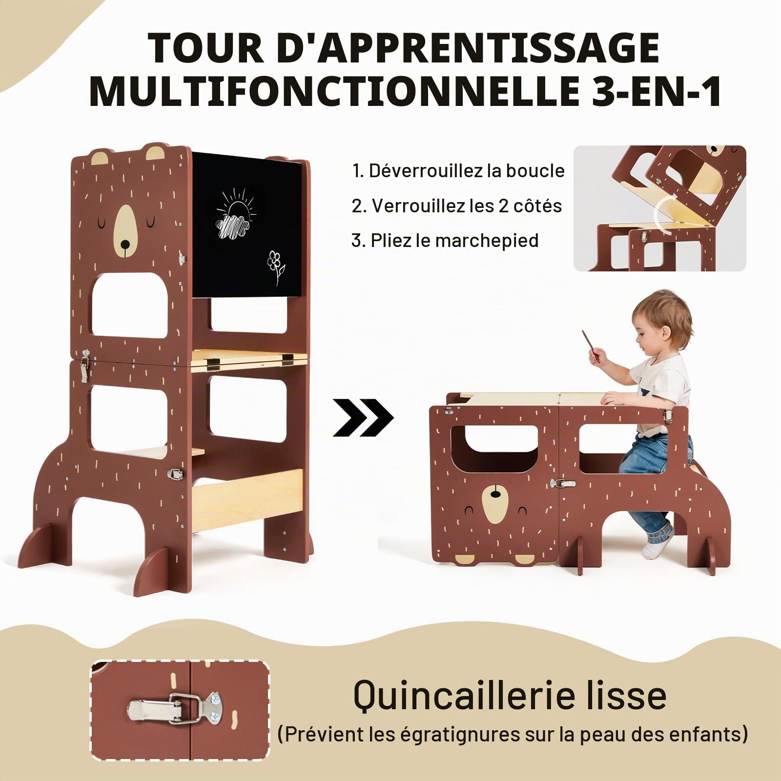 Labebe Tour d Observation Enfant, Grande Taille Tour d'observation Montessori 1-3 Ans,Tour Montessori multifonctionnelle 3 en 1 - l'ours Brun