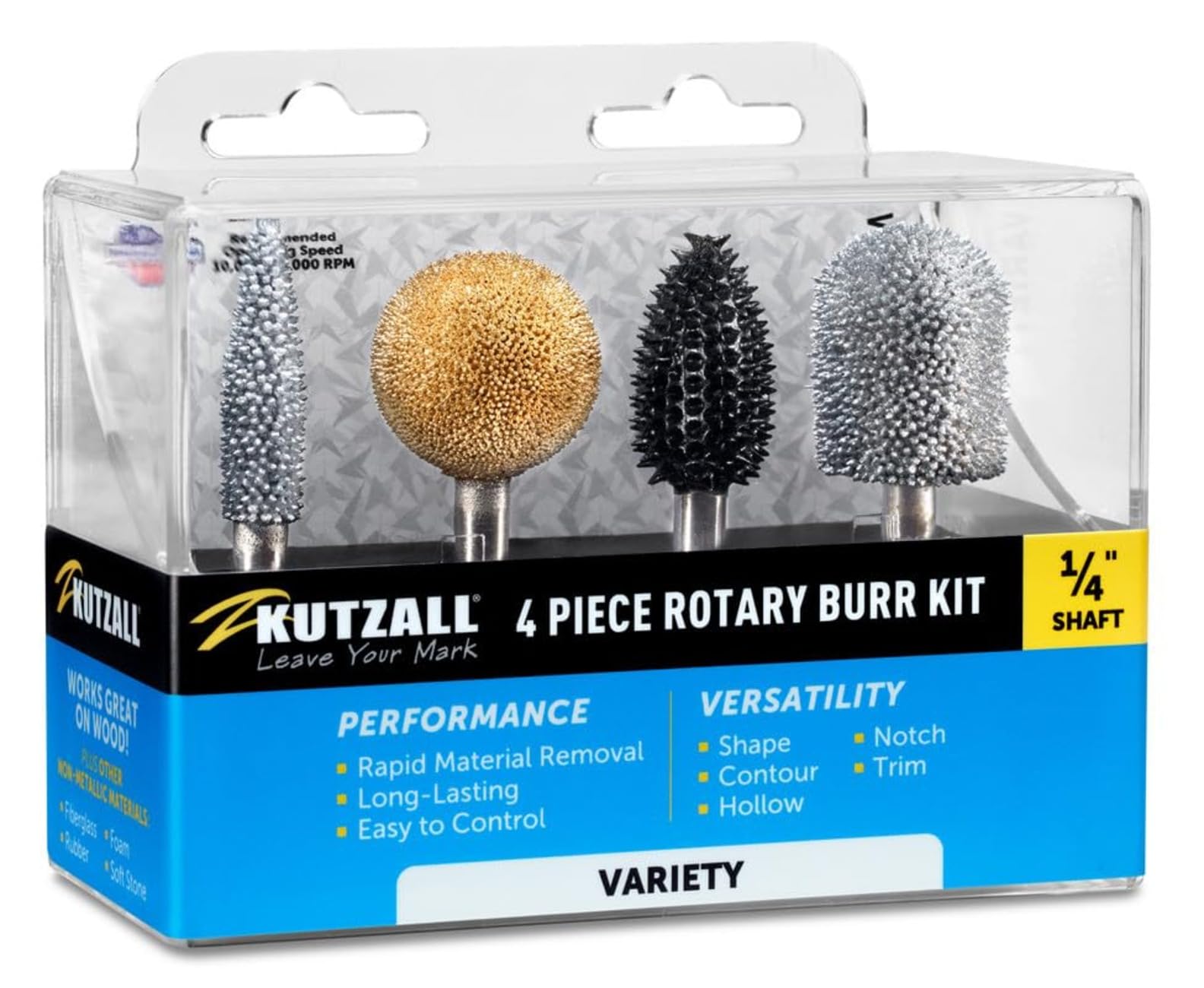 Kutzall 4-Piece Rotary Burr Kit - 1⁄4" Shaft, Variety Grit - Woodworking Attachment for Bosch, DeWalt, Milwaukee Tools - Structured Tungsten Carbide