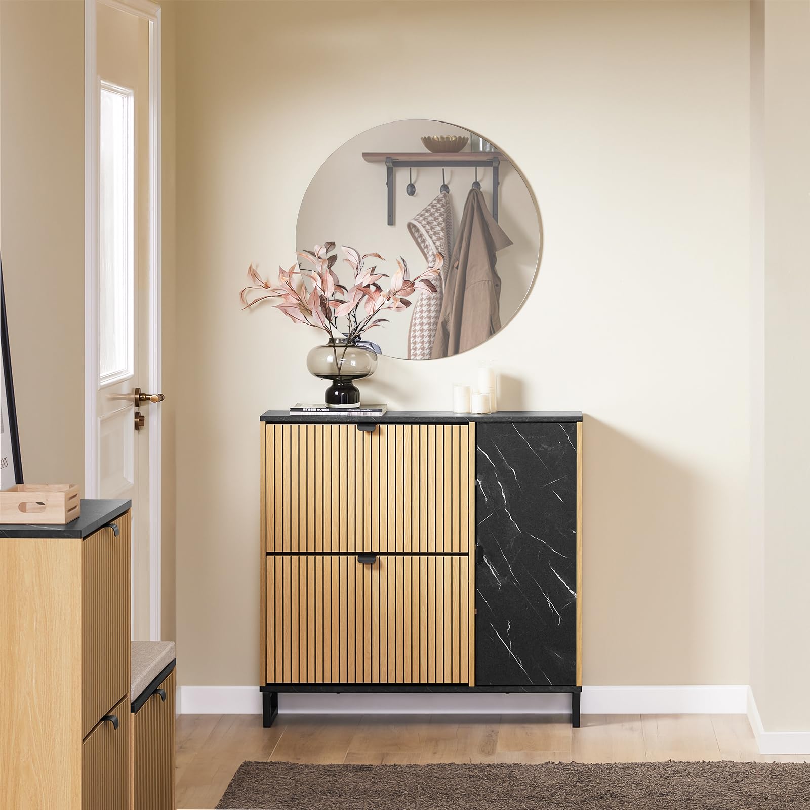 SoBuy Zapatero Entrada Recibidor Estrecho con Cajones Abatibles y Armario Lateral, Mueble Recibidor Estilo Nórdico, Ahorra Espacio - Negro y Roble Claro, 90x24x88cm, Carga 60KG - FSR203-N