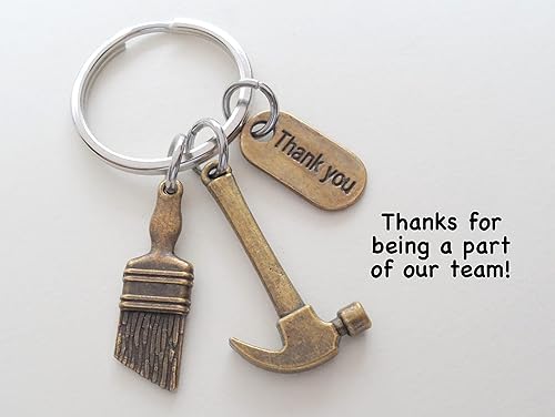 Bronze Hammer & Paint Brush Charm Keychain with Thank You Tag, Builders, Construction Team, Contractor, Handyman Appreciation Keychain