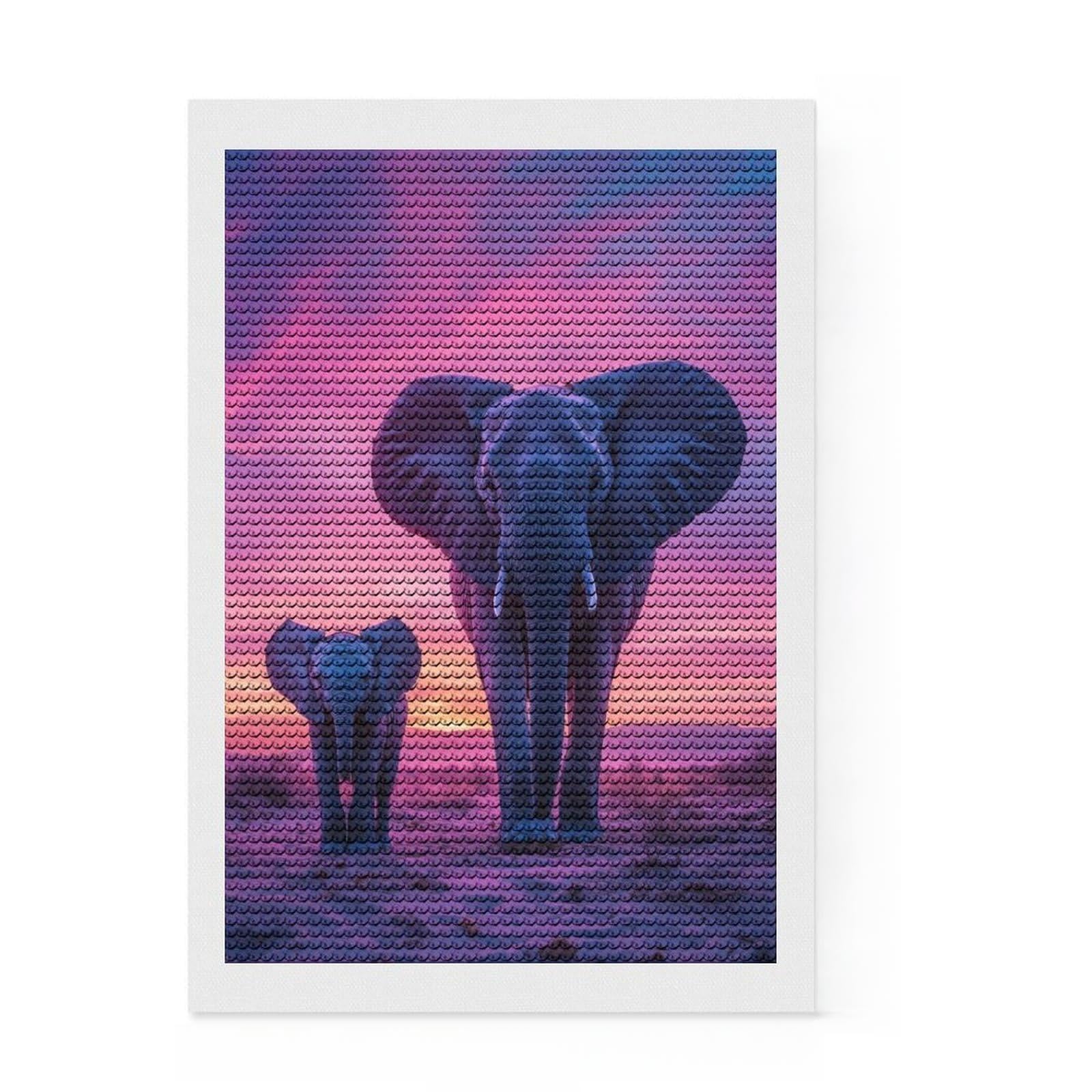 Junmoney Elephant Family Sunset Round Drill Diamond Painting 8"x12", Mindful Craft Activity, Simple to Start, Bedroom Decor, Holiday Gift Idea