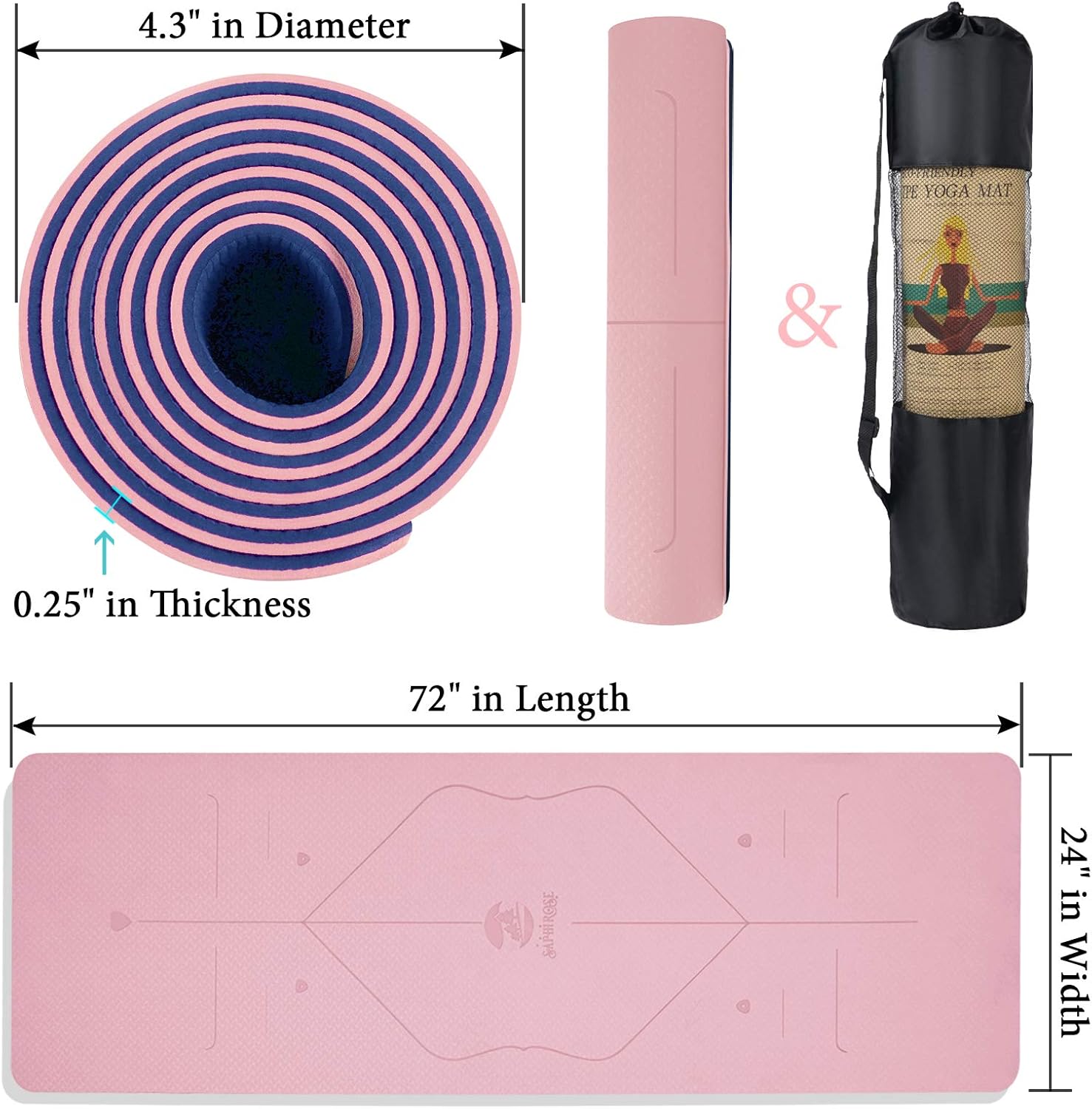 Non Slip Yoga Mat with Alignment Lines TPE Home Fitness Eco Friendly Exercise & Workout Mat with Carrying Strap Types of Yoga (Black) : Sports & Outdoors