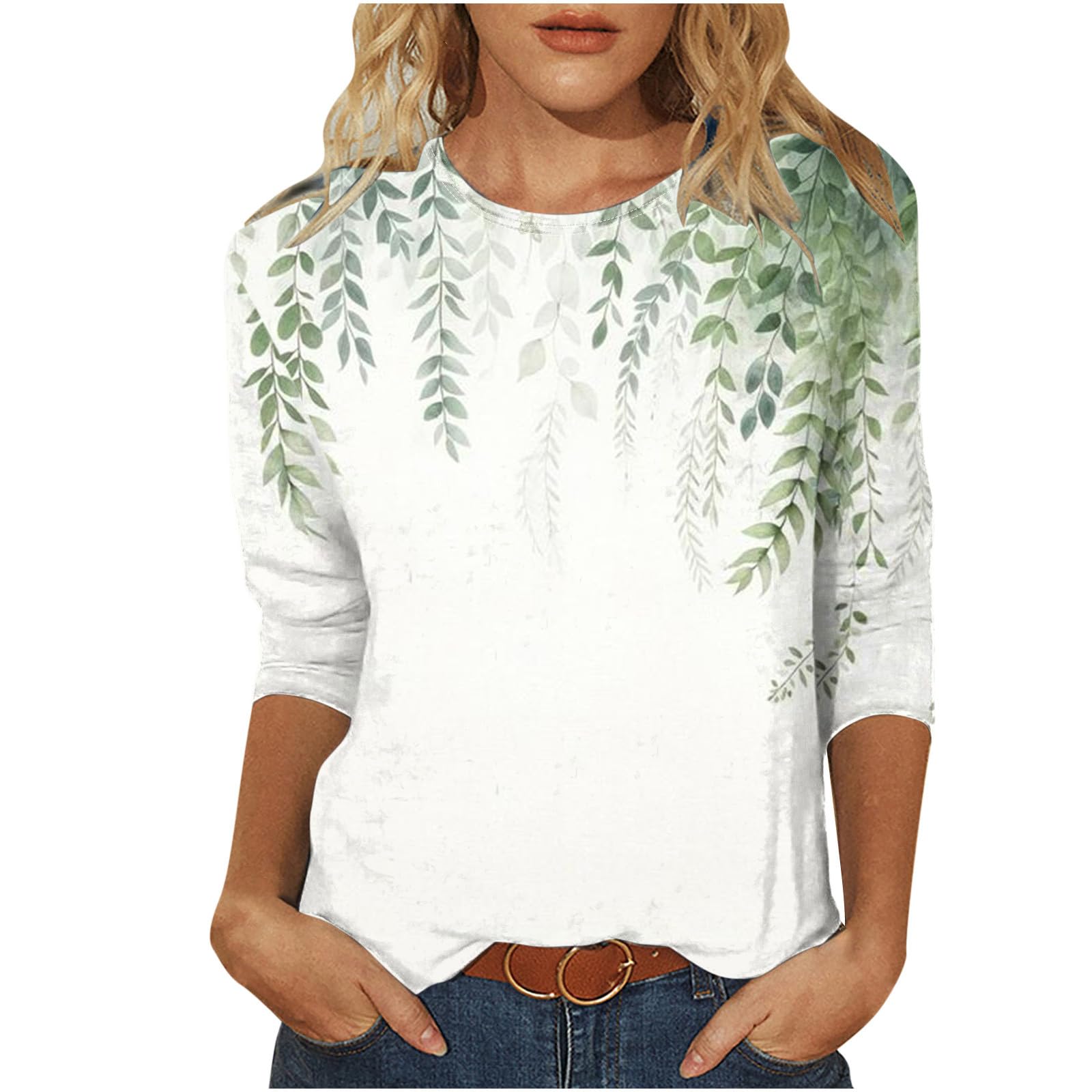 Dress Shirts for Women 3/4 Sleeve Bohemian Floral Print Summer Top t Shirts Three Quarter Sleeve Crewneck Blouses