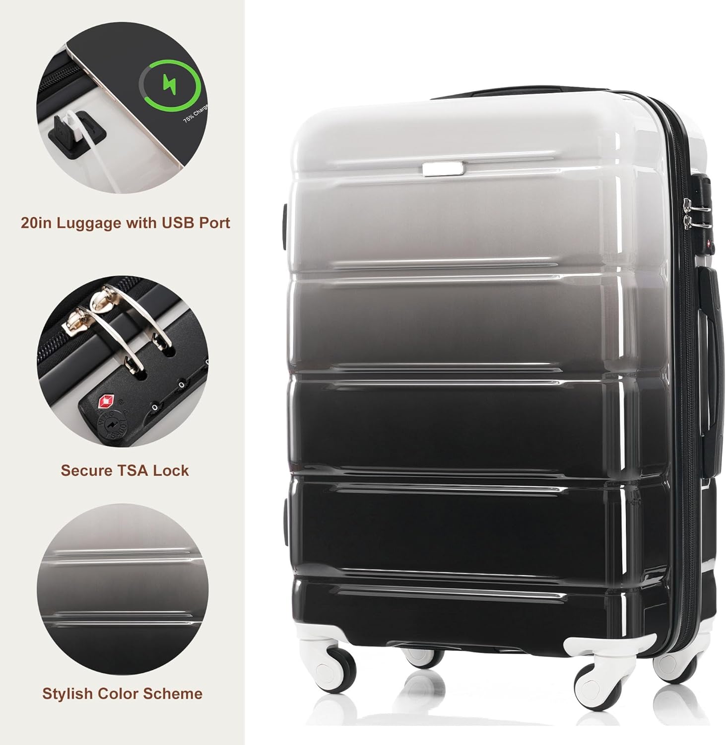 Merax Hard Shell Luggage Set 3 Piece Spinner Suitcase with Usb Airline Approved Carry On 20 Inch ABS+PC Suitcase Side Hook Luggage Lightweight Checked Baggage set,Black and Grey, 20"+ 24"+ 28"