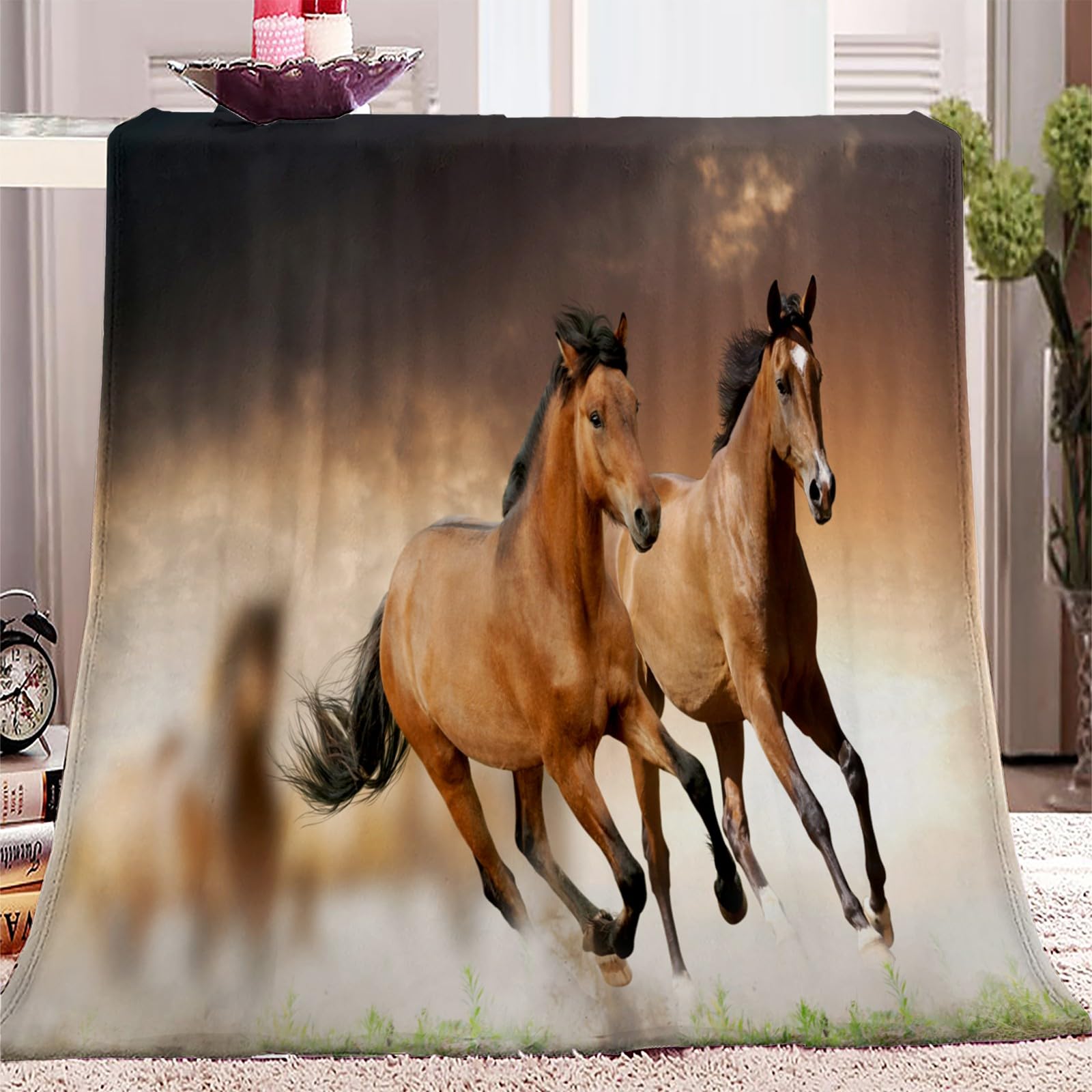 Couverture polaire ultra douce et super chaude motif cheval 130x150 cm