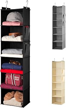 Handy Laundry Hanging Closet Organizer - 6 Shelf Storage for Clothes, Sweaters, Shoes & Accessories - Space-Saving Wardrobe Shelves with Hooks for Dorm, RV & Small Closet Organization Black