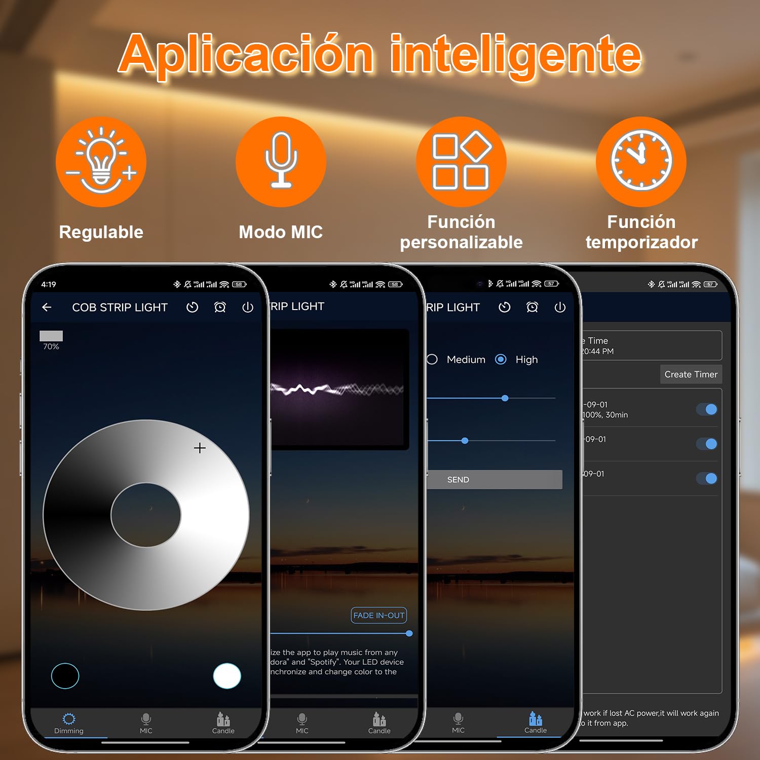 Gliztech Tira LED COB, 2700K LED Cob Dimmer CRI90+, con APP y control remoto, Esta tira LED COB es ideal para iluminación interior en dormitorios, salones, cocinas y más (15m)