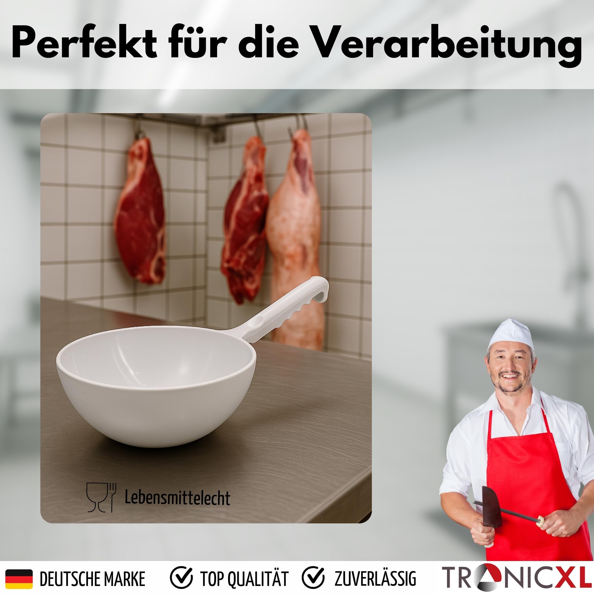 TronicXL Louche XXL 2 litres en plastique - Crochet blanc - Louche à soupe professionnelle - Boucherie - Boucherie - Boucherie