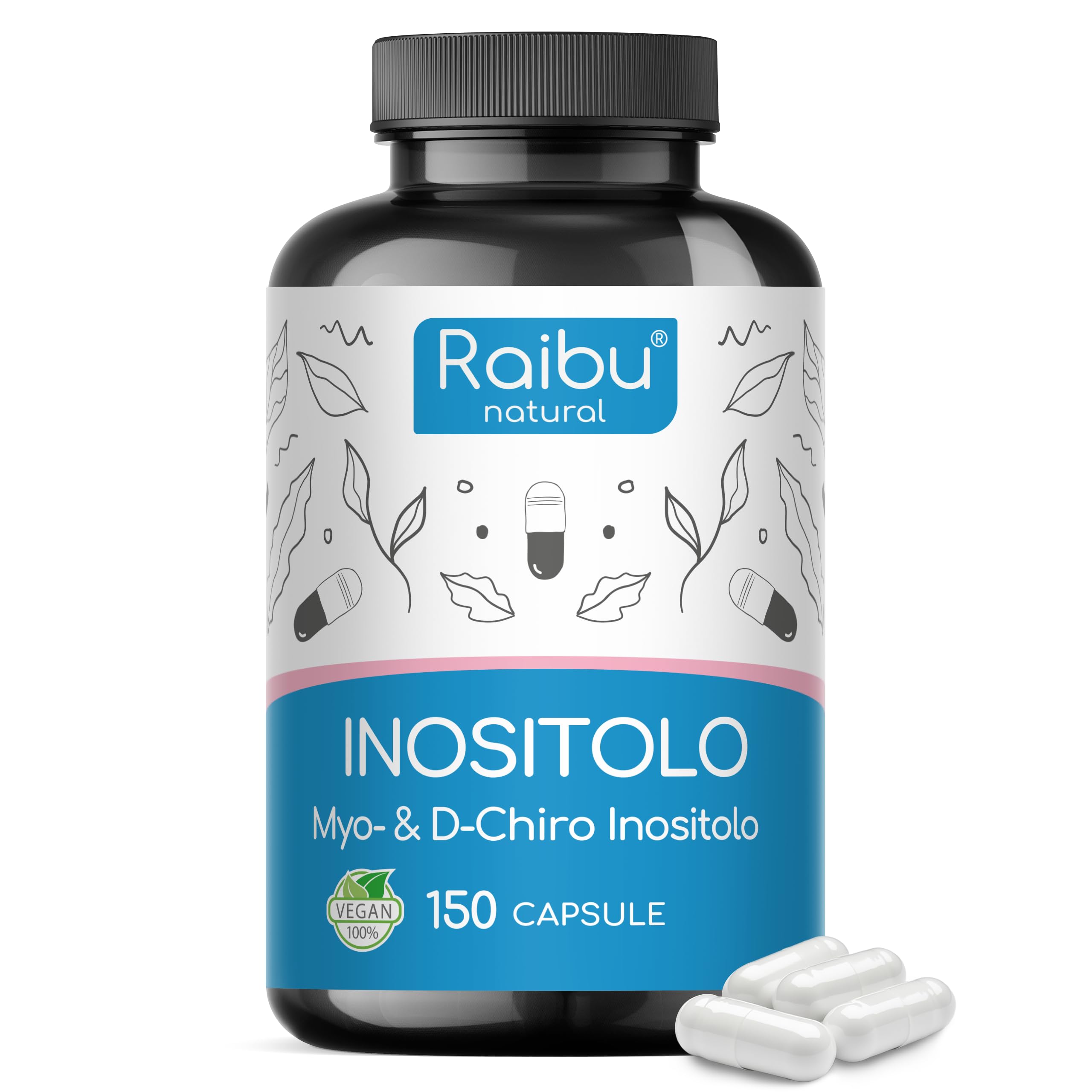 Inositolo Integratore, Myo & D Chiro Inositolo - PCOS e Ovaio Policistico - 150 Capsule Vegane con Vitamina B6 e Cromo - Dose Elevata, Combinazione Efficace - Raibu