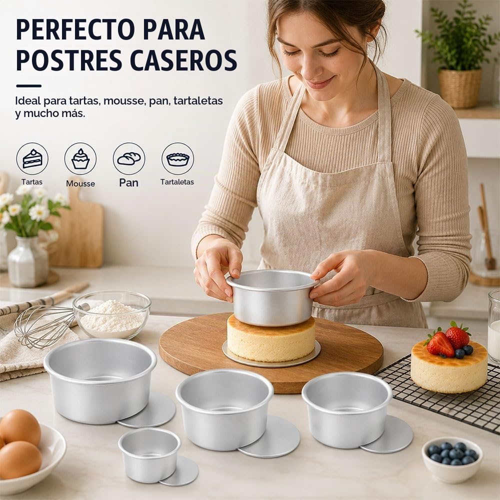 6 Piezas Moldes Reposteria Aluminio Anodizado 10/13/15/18/20/25 cm | Redondo Molde para Pastel con Base Extraíble, Molde Bizcocho Alu Anodizado para Capas de Tarta, Argento