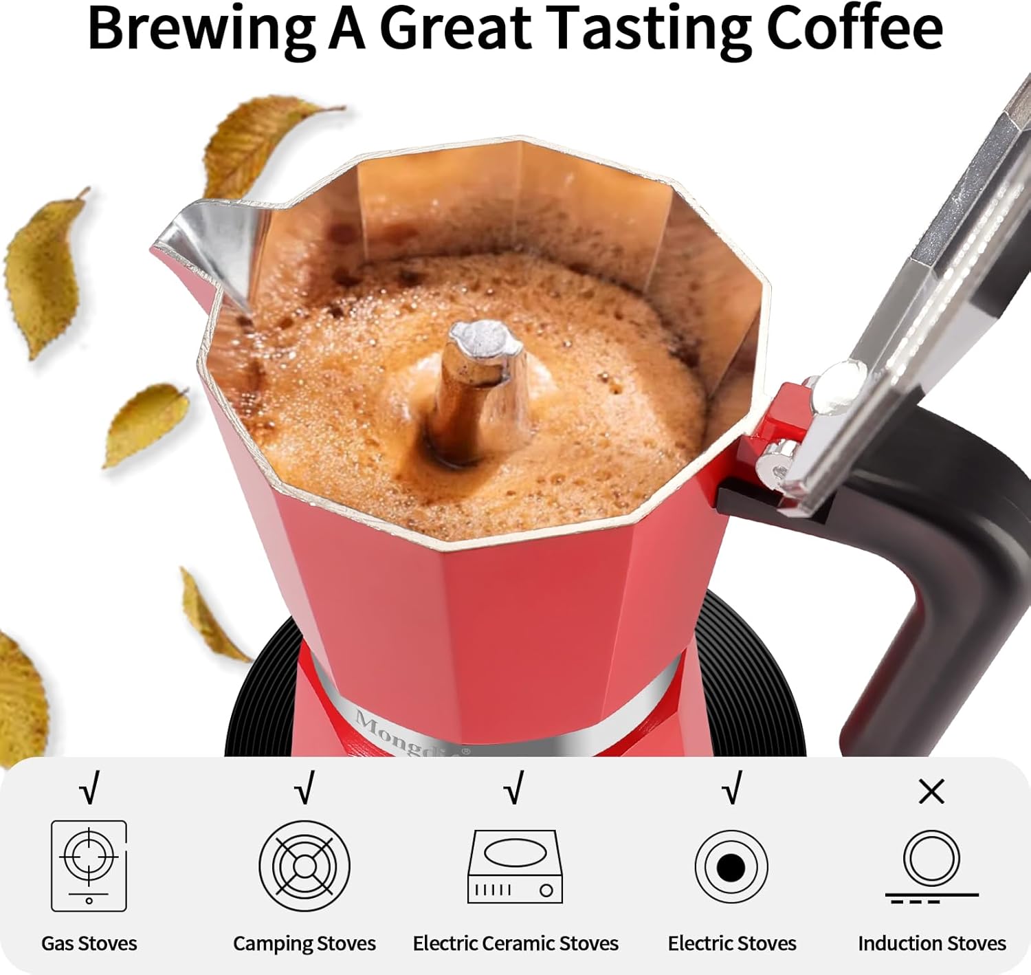 Mongdio Stovetop Espresso Maker Moka Pot, Stove Top Cuban Coffee Maker, Italian Greca Mocha Pot, 12 Espresso Cups, 20 oz - Red
