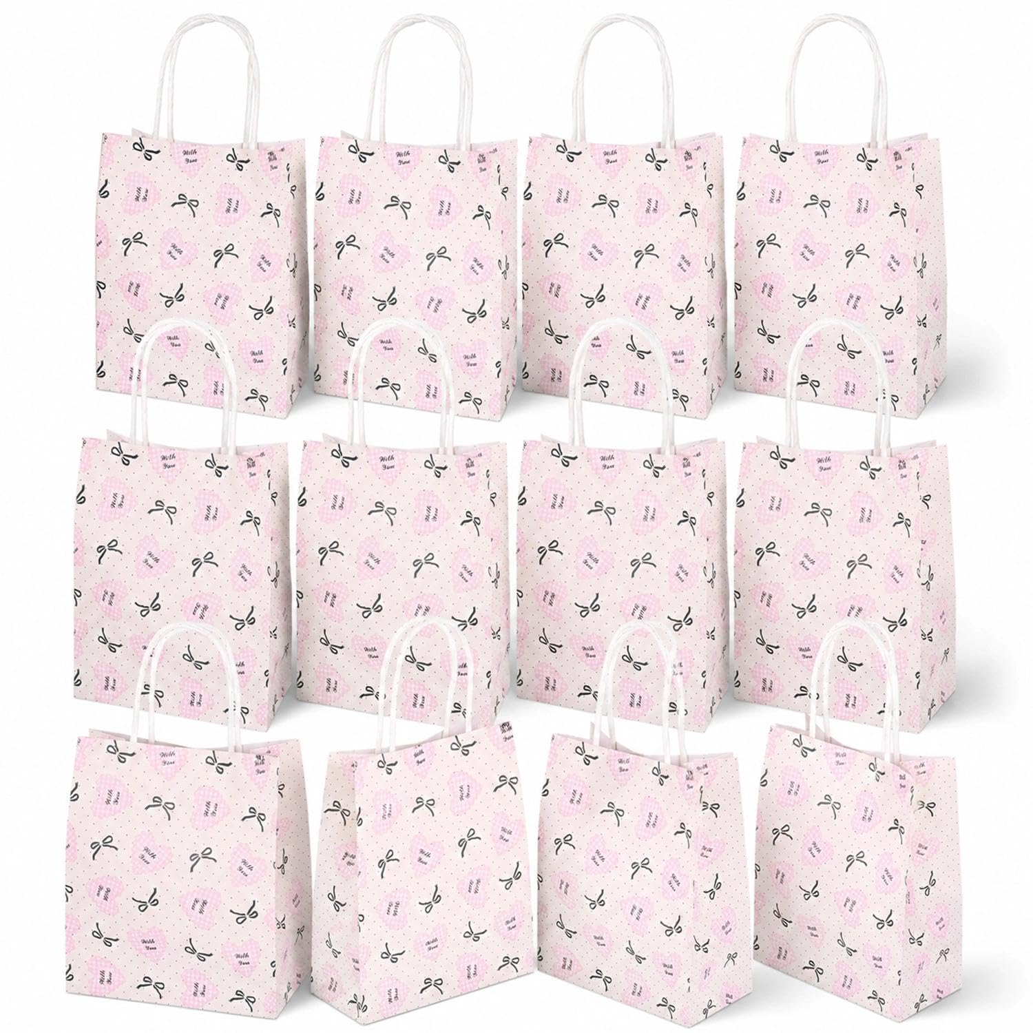 12 Pcs Pink Bow Gift Bags, Present Bow Pattern Design Party Bags, Present Bag, Party Favor Totes, Fashionable Gift Wrap, Cute Gifts Wrapping for Birthday, Mother's Day