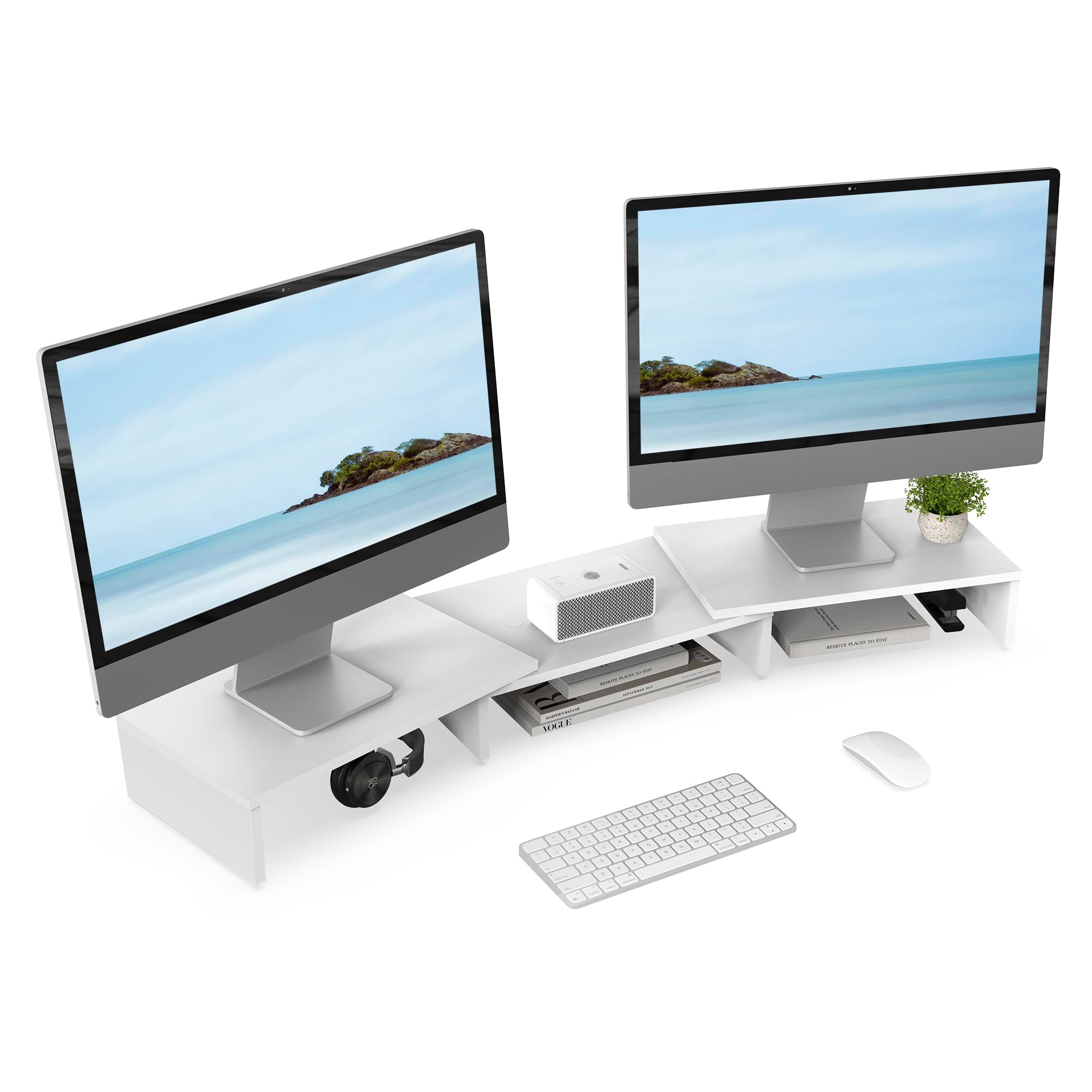 FITUEYES Soporte Monitor Elevador Monitor de Madera con Longitud y Ángulos Ajustables para 2 Monitores 92.5-108 x 23,5 x 10,2cm (Blanco) The Forest Stewardship Council