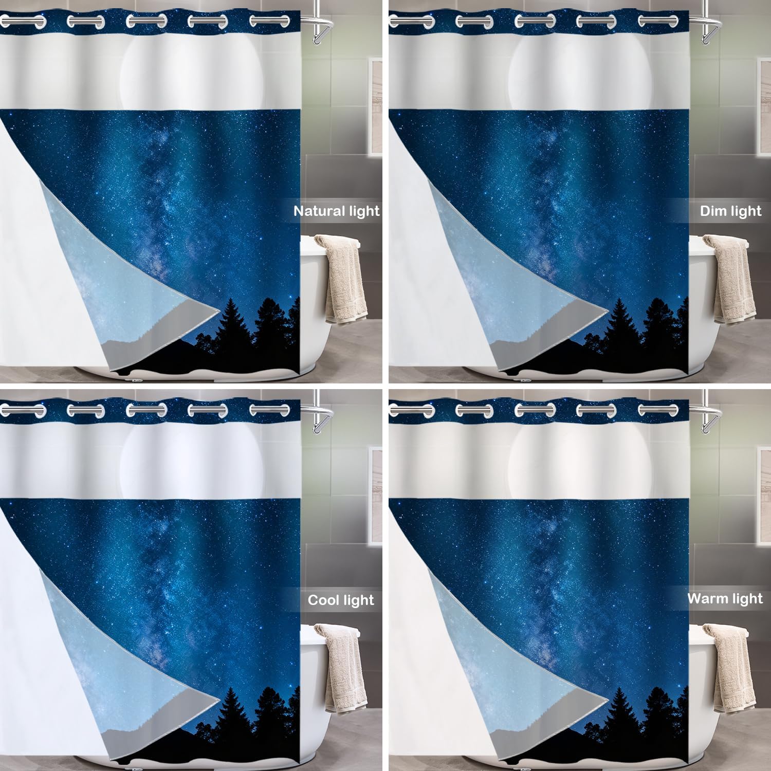 Batmerry Night Sky No Hooks Shower Curtain with Snap in Liner Set, Stars Silhouette Milky Way Volcano Teide Island Bathroom Decor Polyester Quick-Drying Waterproof for Bathtubs, 71X86 in