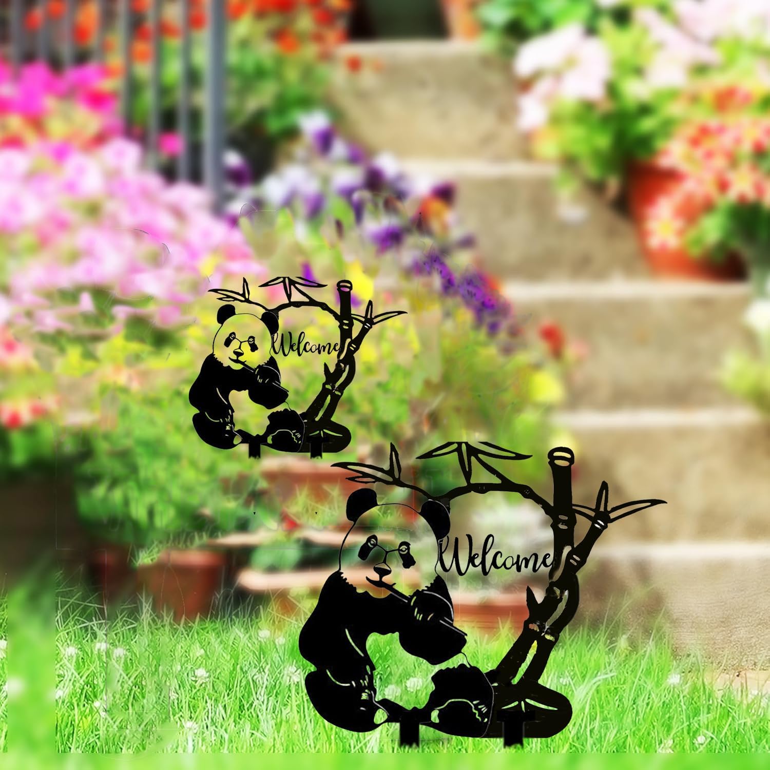 Panda Garden Decor for Outside Silhouette Statues Garden Stakes Outdoor Metal Animal Decorations Yard Art for Patio Lawn Ornaments Birthday Gift for Women Mom Men 13.78 * 11.81 inch / 35 * 30cm - Image 5