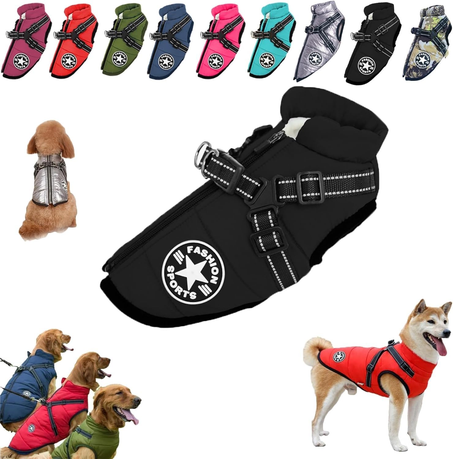 Pawbibi Sport - Waterproof Winter Jacket with Built-in Harness, Pawbibi Warm Dog Jacket, Reflective & Adjustable Pet Vest Harness, Waterproof Windproof Dog Winter Warm Coats (Color : Black, Size : L