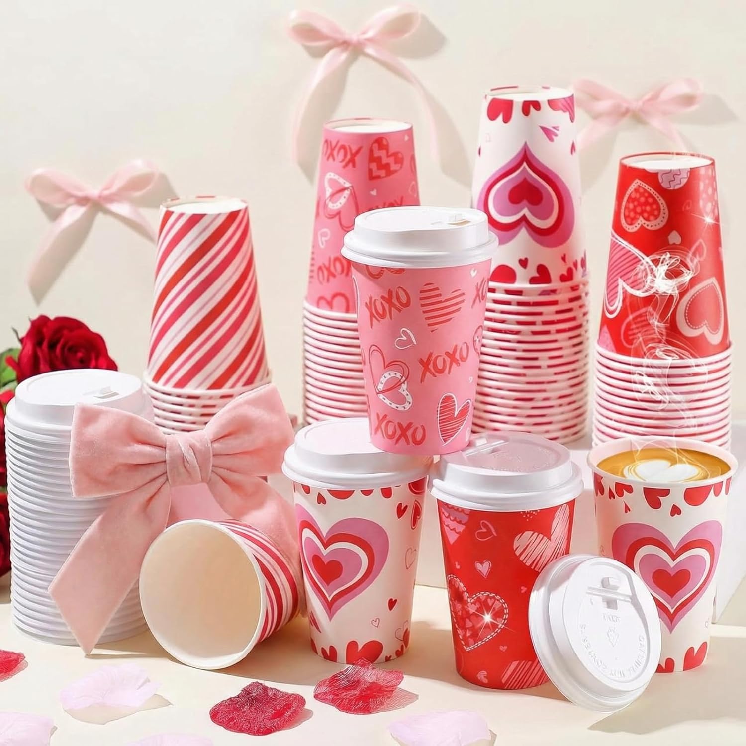 Funtery 60 Set Valentine's Day Disposable Cups with Lids 12 oz Galentine Pink Paper Beverage Cups Hearts Hot Chocolate Cocoa Hot Tea Container Coffee Bar Essentials for Valentine's Day Party Supplies