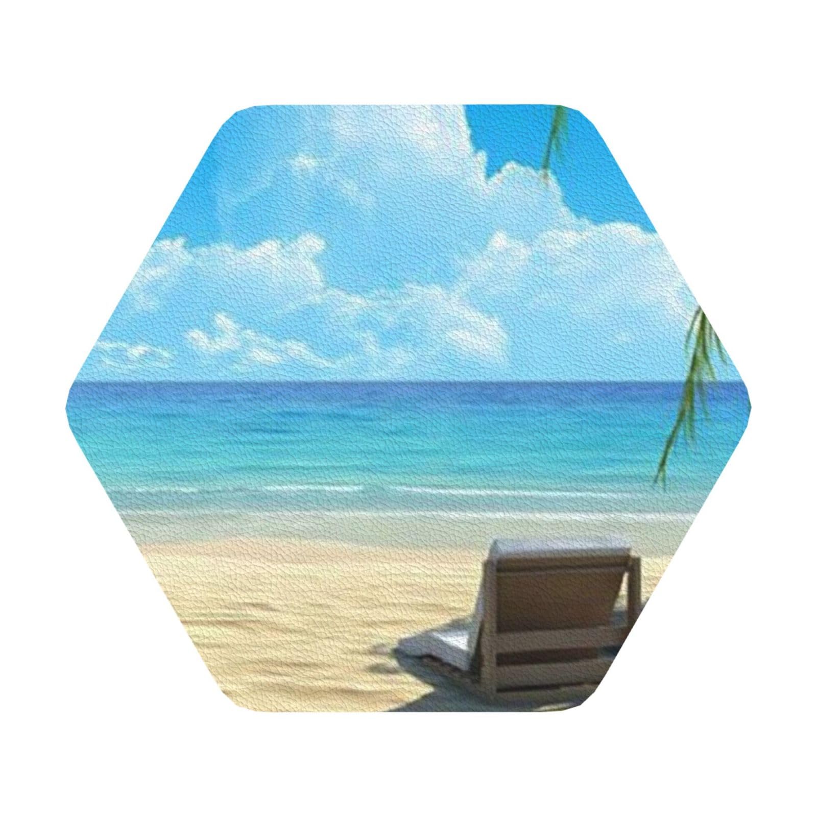 Hawaiian Beach with Palm Trees PU Leather Coasters Set of 6 Hexagon Drink Coasters