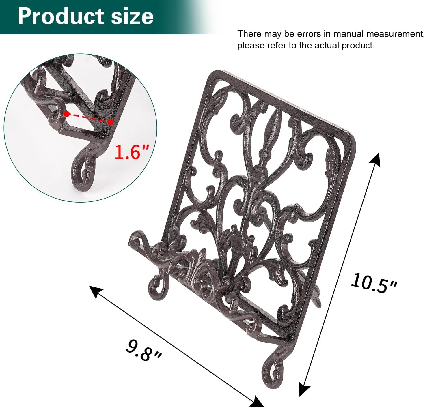 Sungmor Vintage Cast Iron Vine Cookbook Stand, 10.6in Tall Rustic Brown