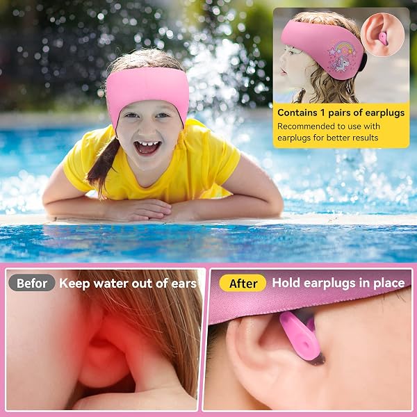 Funyord Bandeau de Natation Enfant avec Bouchons d'Oreilles - Protection Auditive en Néoprène Élastique pour Piscine, Plage et Sports Nautiques (Rose, M) - 4